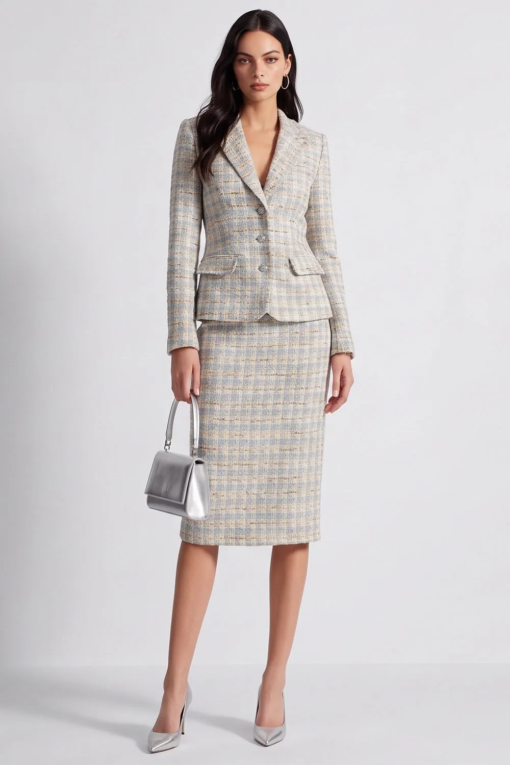 Grey Blue Two Piece Notched Lapel Single Breasted Plaid Work Dress sold by Zapaka