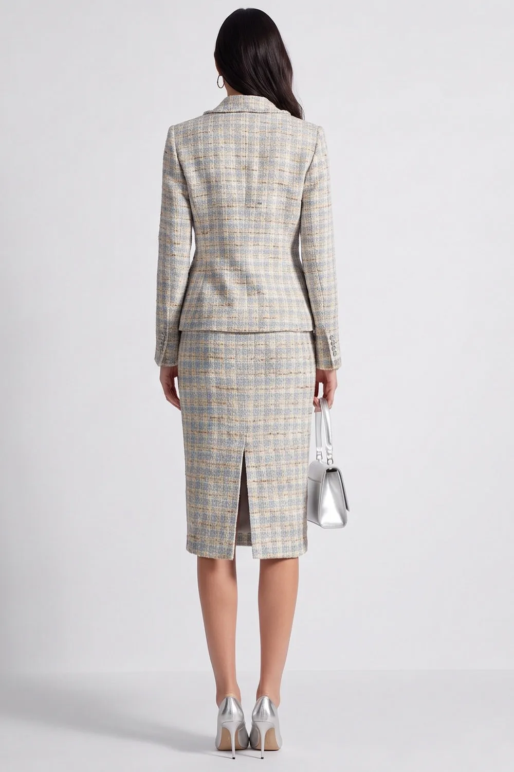 Grey Blue Two Piece Notched Lapel Single Breasted Plaid Work Dress sold by Zapaka product image thumbnail 2