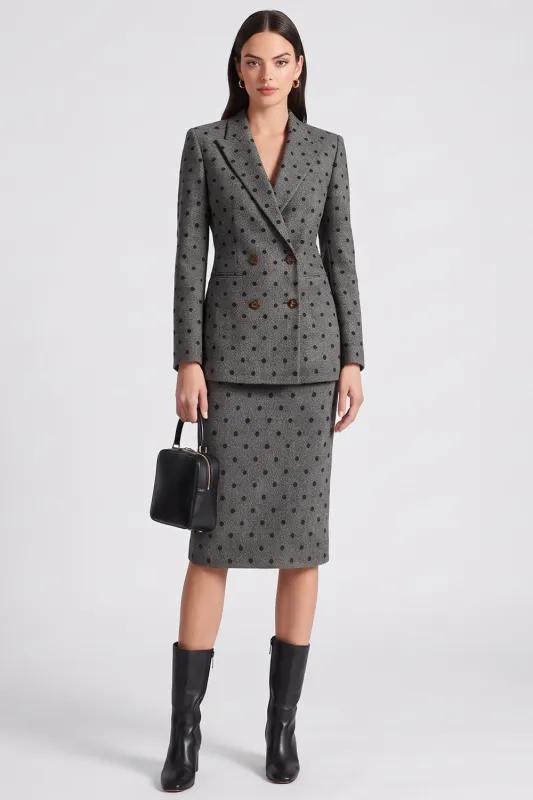 Grey Polka Dot Fitted Peak Lapel Single Breasted Knee-Length Work Dress made by Zapaka