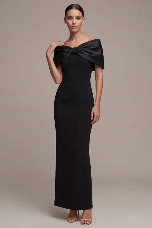 Black Sheath Off the Shoulder Bow Satin Long Formal Dress made by Zapaka