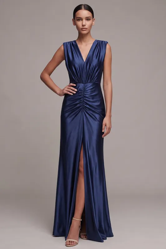 Navy Sheath V-Neck Ruched Long Formal Dress with Front Slit made by Zapaka