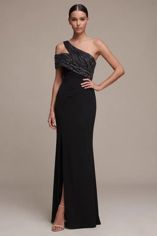 Black Sheath Asymmetrical One Shoulder Maxi Dress with Side Slit made by Zapaka