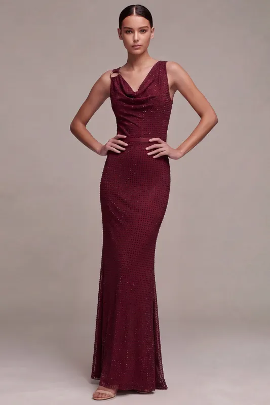 Burgundy Mermaid Cowl Neck Beaded Maxi Dress made by Zapaka