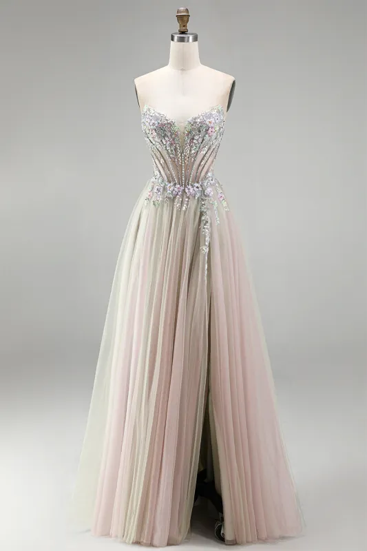 Dusty Rose Floral Appliques Rhinestone Corset Tulle A-Line Strapless Long Prom Dress with Slit made by Zapaka