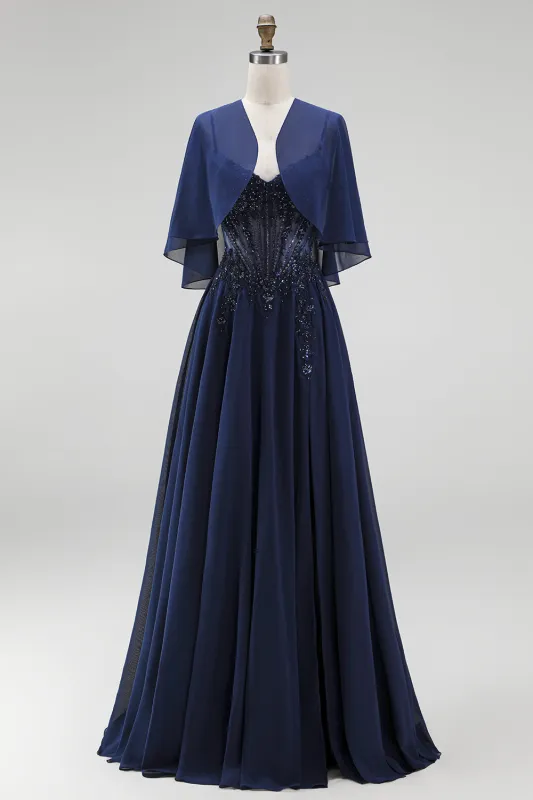 Navy Corset Chiffon A-Line Spaghetti Straps Long Mother Of the Bride Dress with Cape made by Zapaka