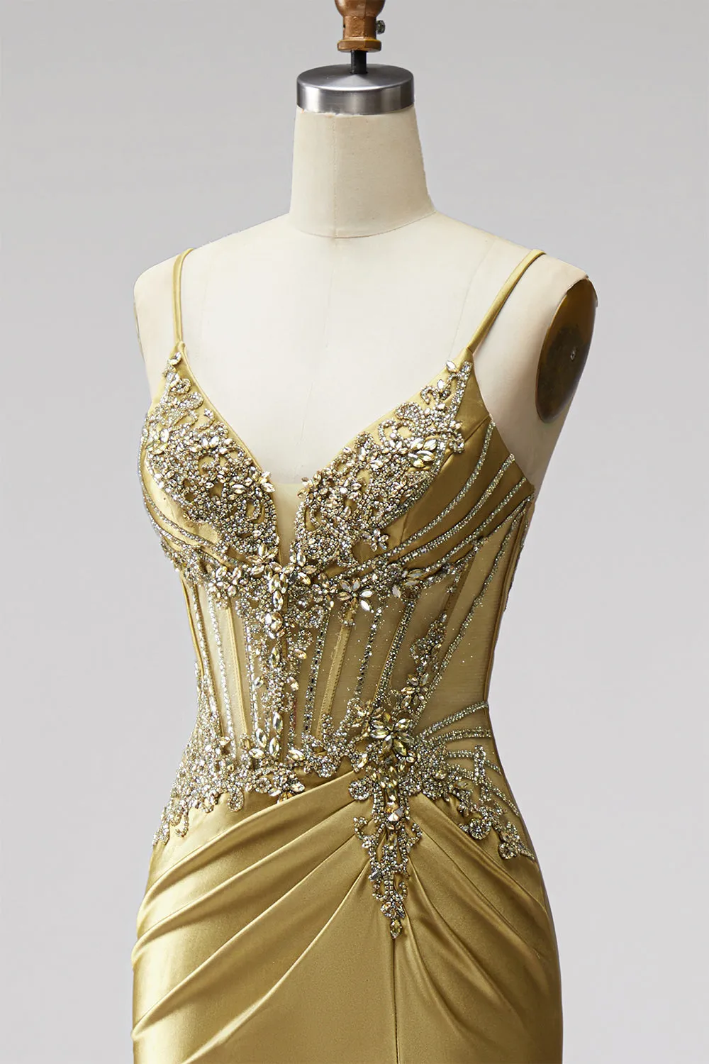 Golden Mermaid Corset Satin Rhinestone Ruched Spaghetti Straps Long Prom Dress with Slit sold by Zapaka product image thumbnail 5