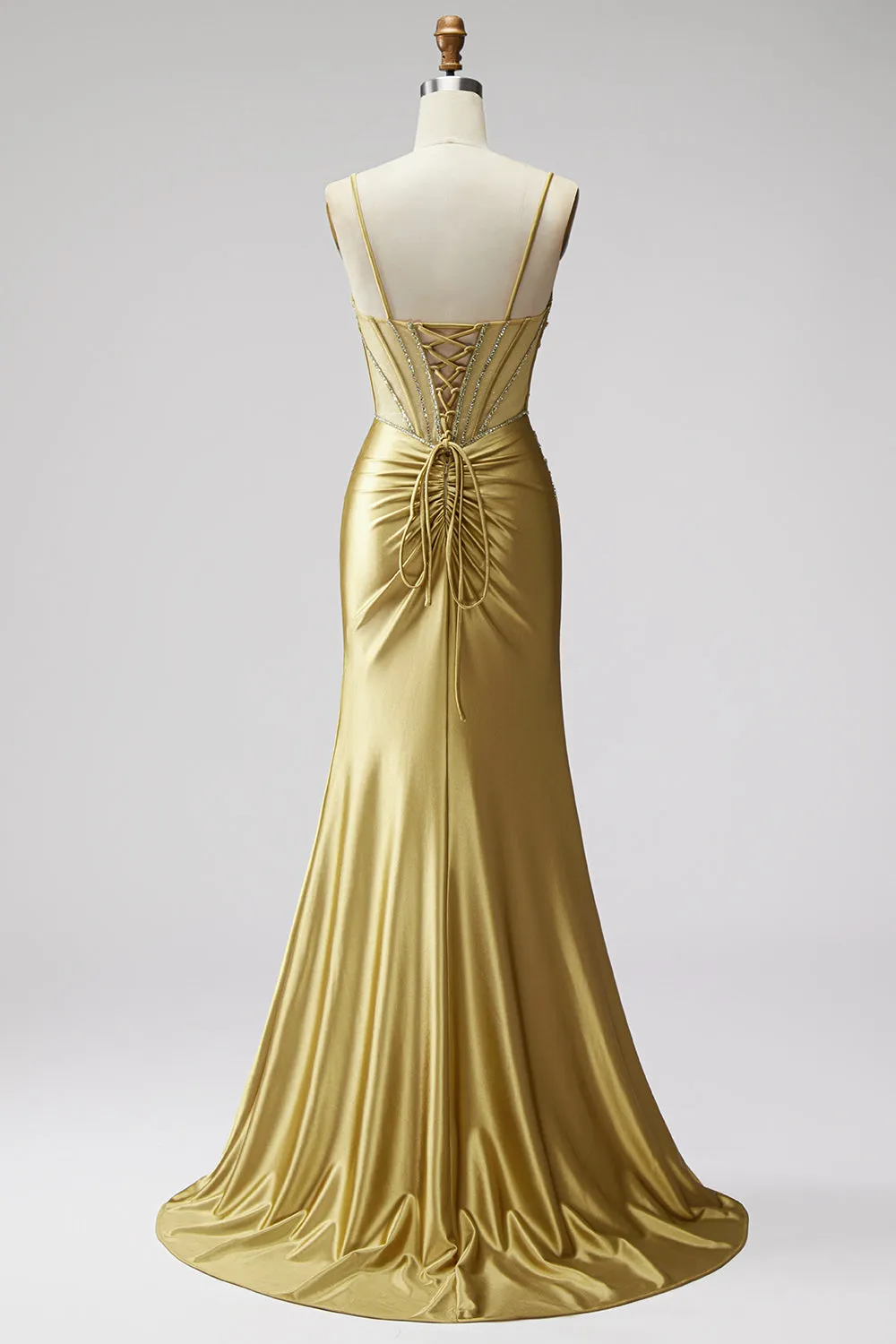 Golden Mermaid Corset Satin Rhinestone Ruched Spaghetti Straps Long Prom Dress with Slit sold by Zapaka product image thumbnail 2
