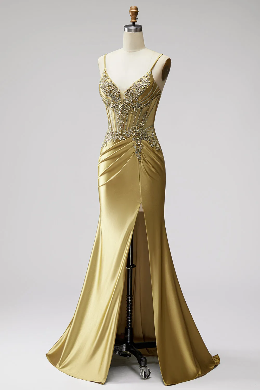 Golden Mermaid Corset Satin Rhinestone Ruched Spaghetti Straps Long Prom Dress with Slit sold by Zapaka product image thumbnail 3
