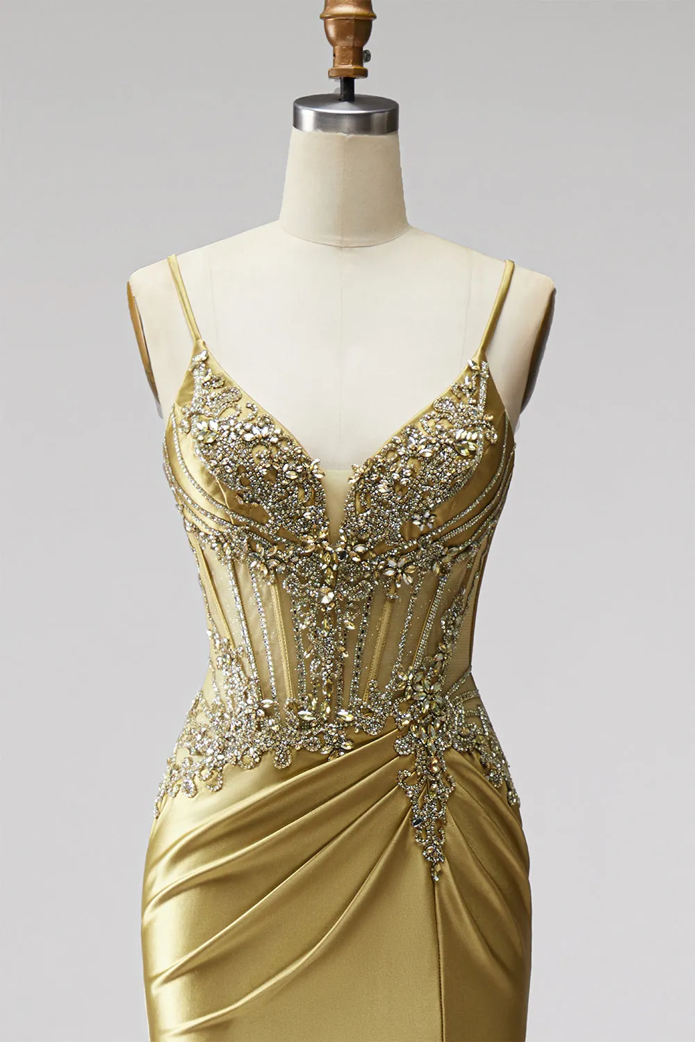 Golden Mermaid Corset Satin Rhinestone Ruched Spaghetti Straps Long Prom Dress with Slit sold by Zapaka product image thumbnail 4