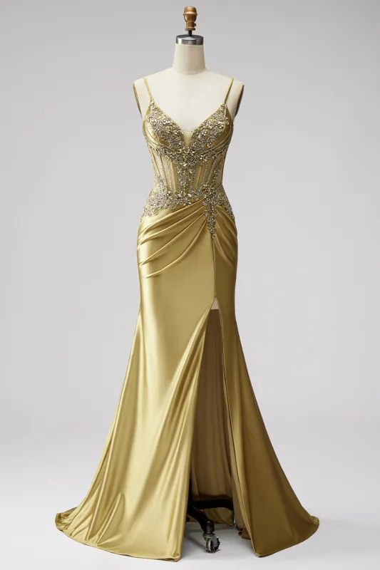 Golden Mermaid Corset Satin Rhinestone Ruched Spaghetti Straps Long Prom Dress with Slit made by Zapaka