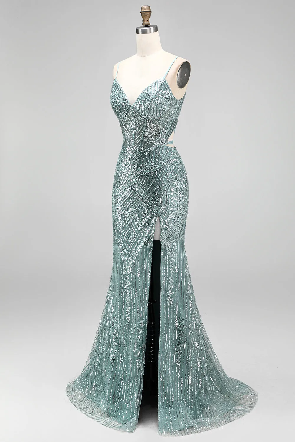 Dusty Green Sequins Pearls V-Neck Spaghetti Straps Mermaid Long Prom Dress with Slit sold by Zapaka product image thumbnail 3