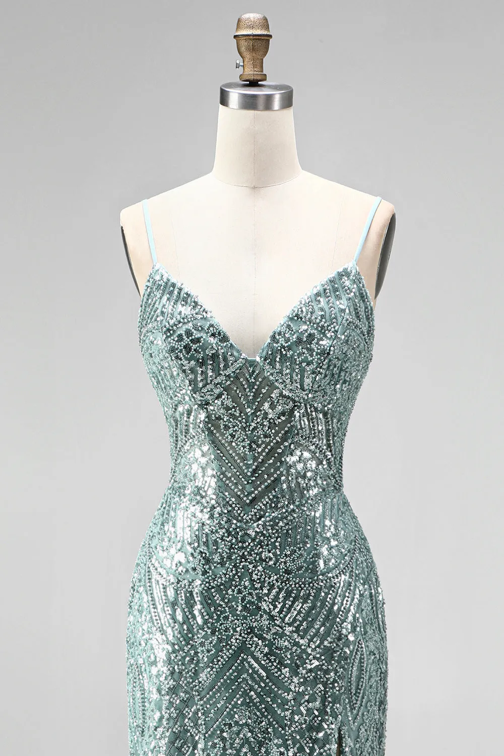 Dusty Green Sequins Pearls V-Neck Spaghetti Straps Mermaid Long Prom Dress with Slit sold by Zapaka product image thumbnail 4