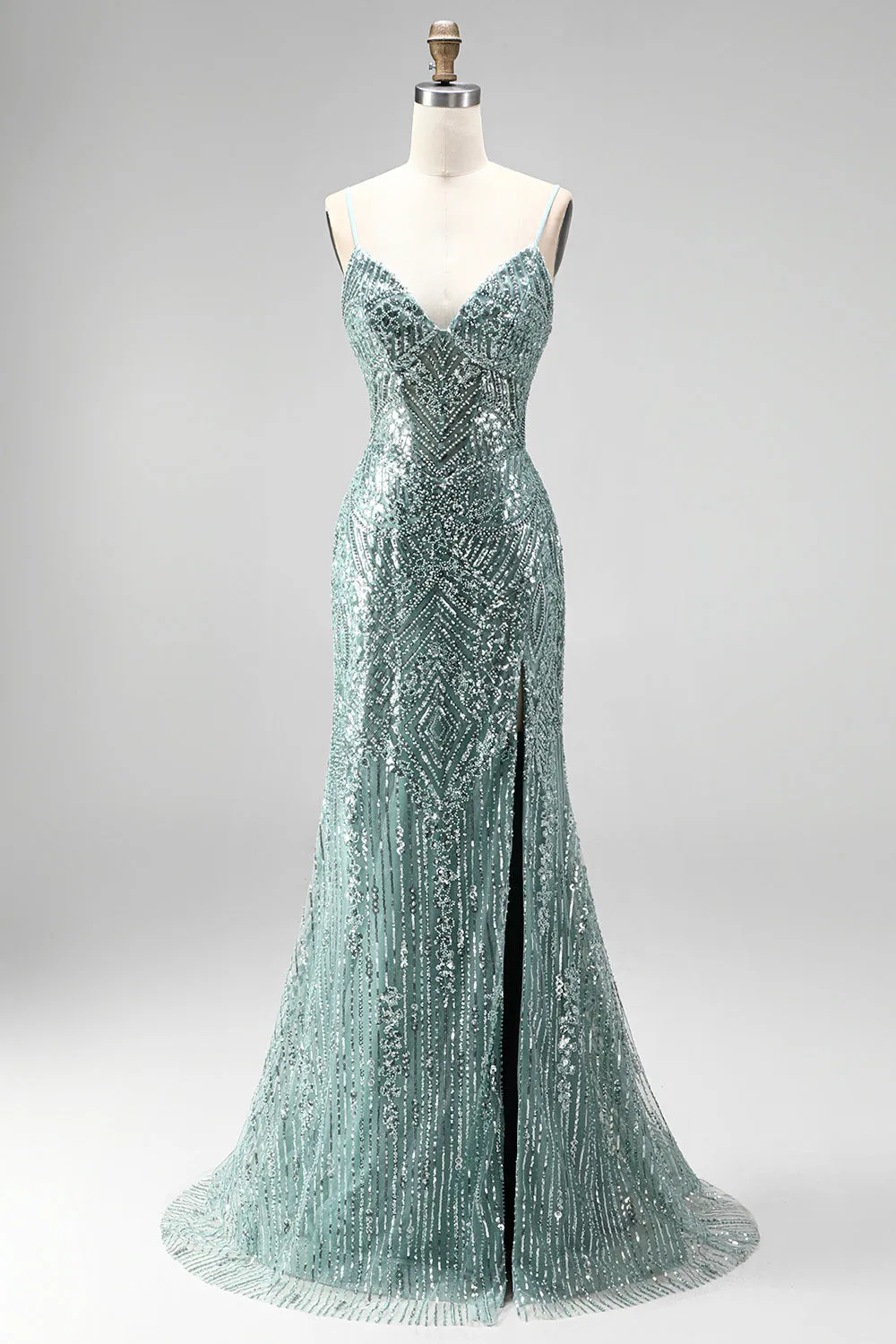 Dusty Green Sequins Pearls V-Neck Spaghetti Straps Mermaid Long Prom Dress with Slit sold by Zapaka