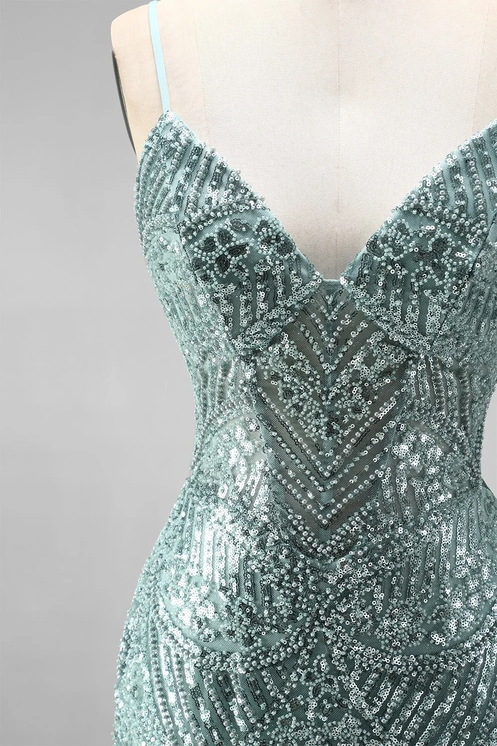 Dusty Green Sequins Pearls V-Neck Spaghetti Straps Mermaid Long Prom Dress with Slit sold by Zapaka product image thumbnail 5