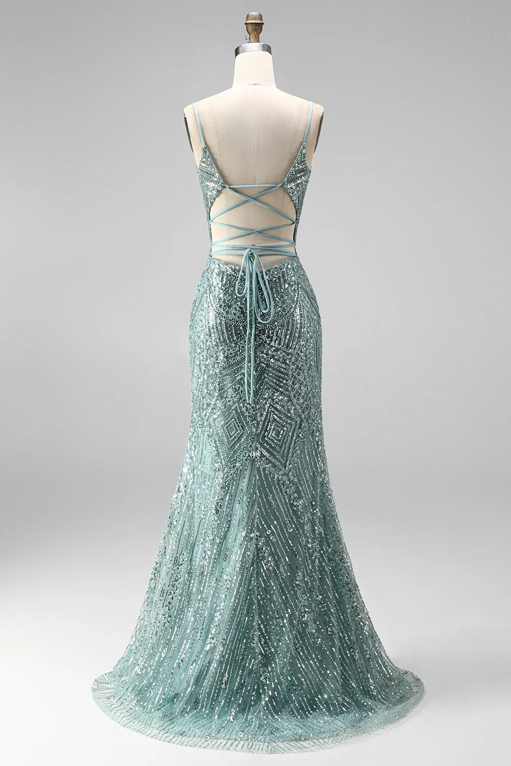 Dusty Green Sequins Pearls V-Neck Spaghetti Straps Mermaid Long Prom Dress with Slit sold by Zapaka product image thumbnail 2