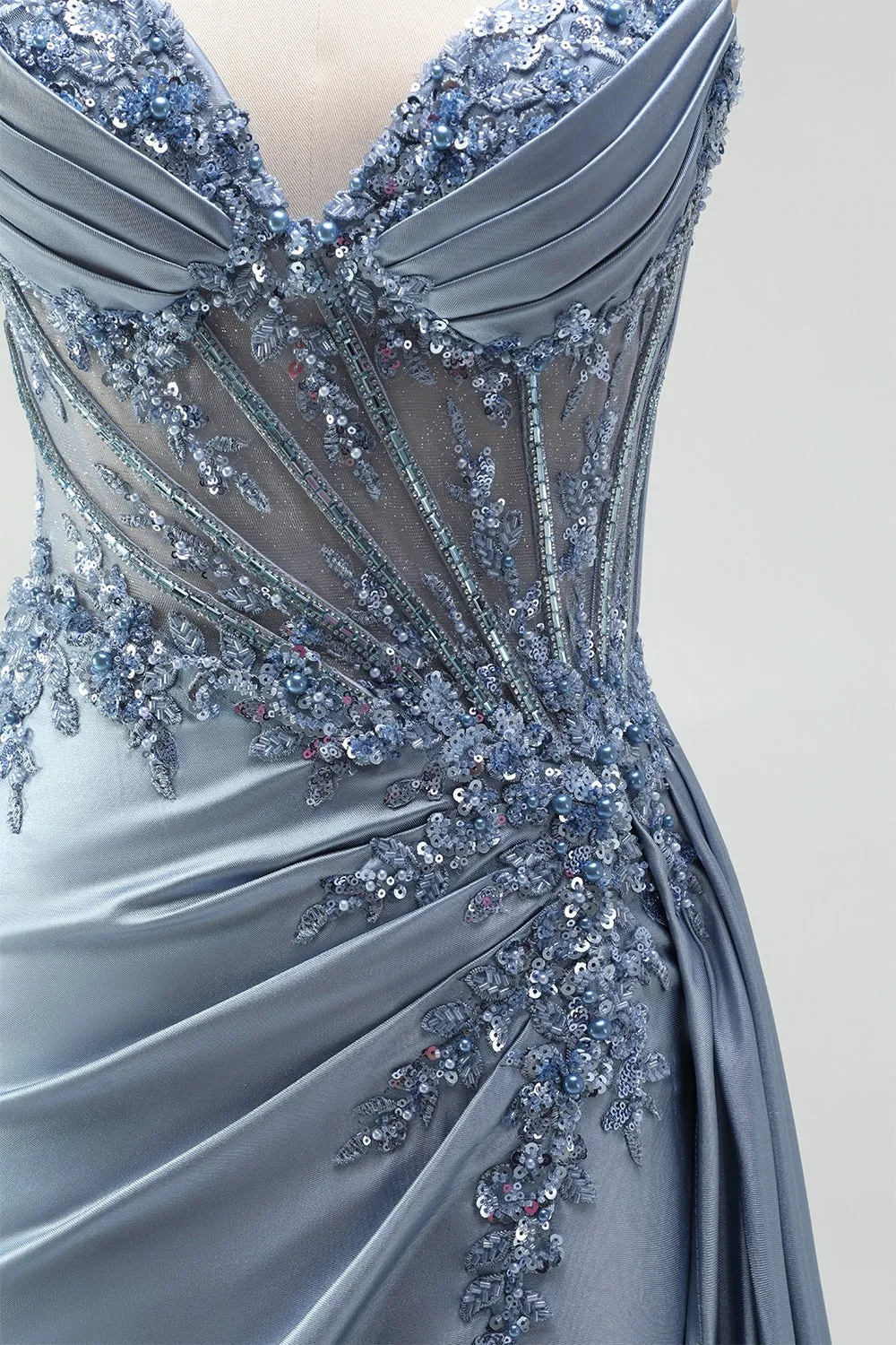 Grey Blue Mermaid Rhinestone Corset Sheer Ruched Satin Spaghetti Straps Long Prom Dress with Slit sold by Zapaka product image thumbnail 5