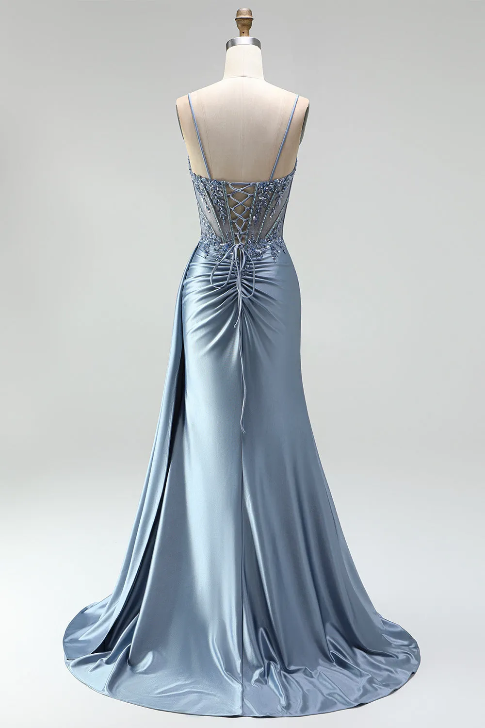 Grey Blue Mermaid Rhinestone Corset Sheer Ruched Satin Spaghetti Straps Long Prom Dress with Slit sold by Zapaka product image thumbnail 2