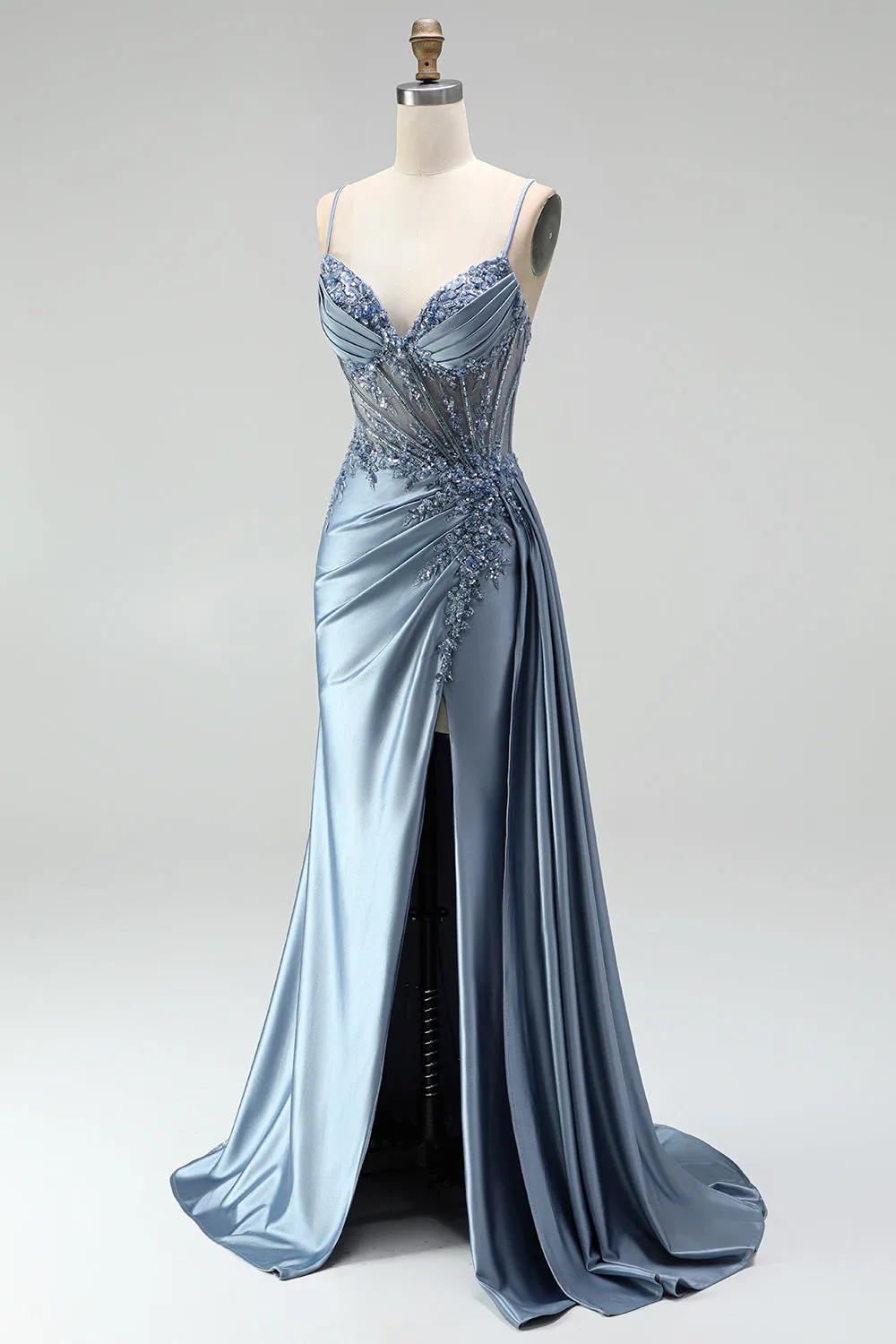 Grey Blue Mermaid Rhinestone Corset Sheer Ruched Satin Spaghetti Straps Long Prom Dress with Slit sold by Zapaka product image thumbnail 3
