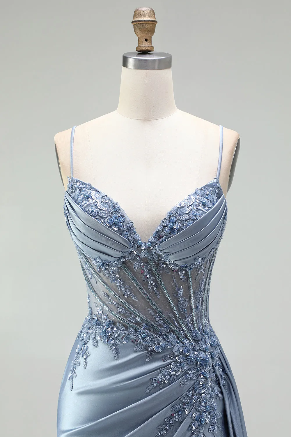 Grey Blue Mermaid Rhinestone Corset Sheer Ruched Satin Spaghetti Straps Long Prom Dress with Slit sold by Zapaka product image thumbnail 4