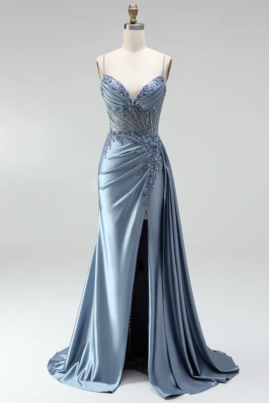Grey Blue Mermaid Rhinestone Corset Sheer Ruched Satin Spaghetti Straps Long Prom Dress with Slit made by Zapaka