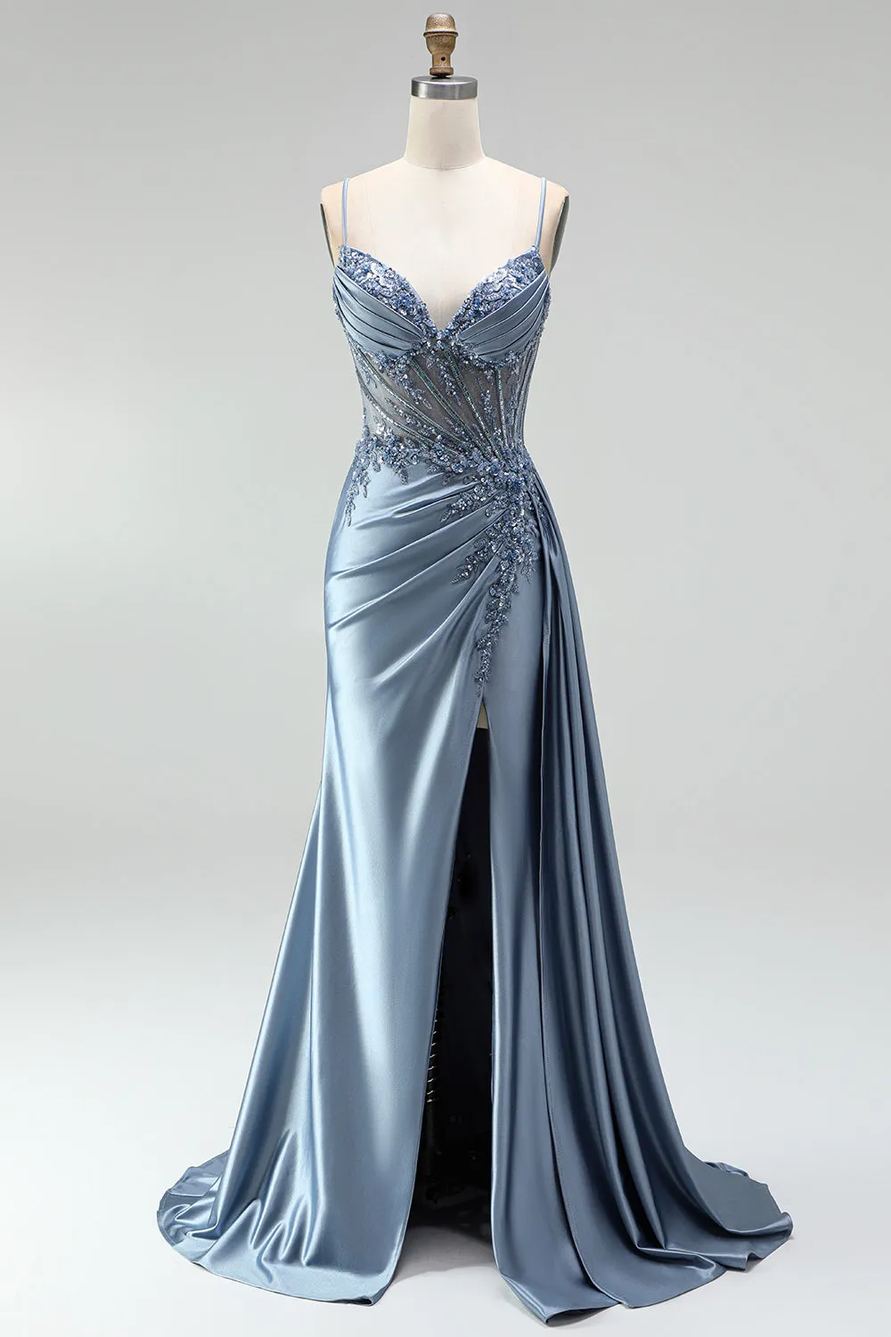Grey Blue Mermaid Rhinestone Corset Sheer Ruched Satin Spaghetti Straps Long Prom Dress with Slit sold by Zapaka