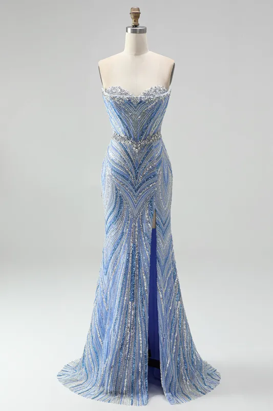 Blue Strapless Sequins Beaded Mermaid Long Prom Dress with Slit made by Zapaka