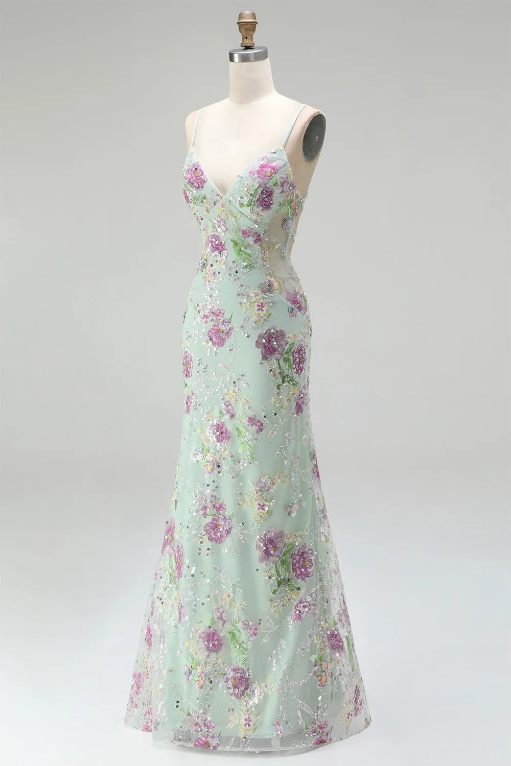 Sparkly Light Green Mermaid Spaghetti Straps Sequins Long Prom Dress with Appliques sold by Zapaka product image thumbnail 5