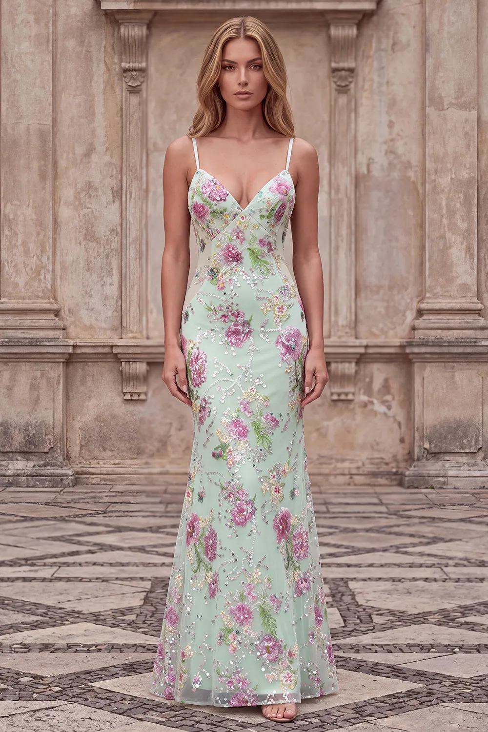 Sparkly Light Green Mermaid Spaghetti Straps Sequins Long Prom Dress with Appliques sold by Zapaka product image thumbnail 3