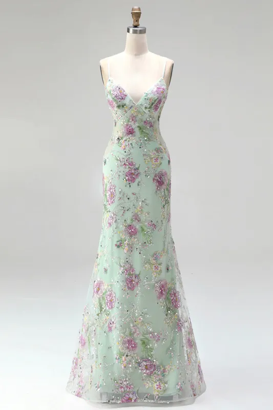 Sparkly Light Green Mermaid Spaghetti Straps Sequins Long Prom Dress with Appliques made by Zapaka