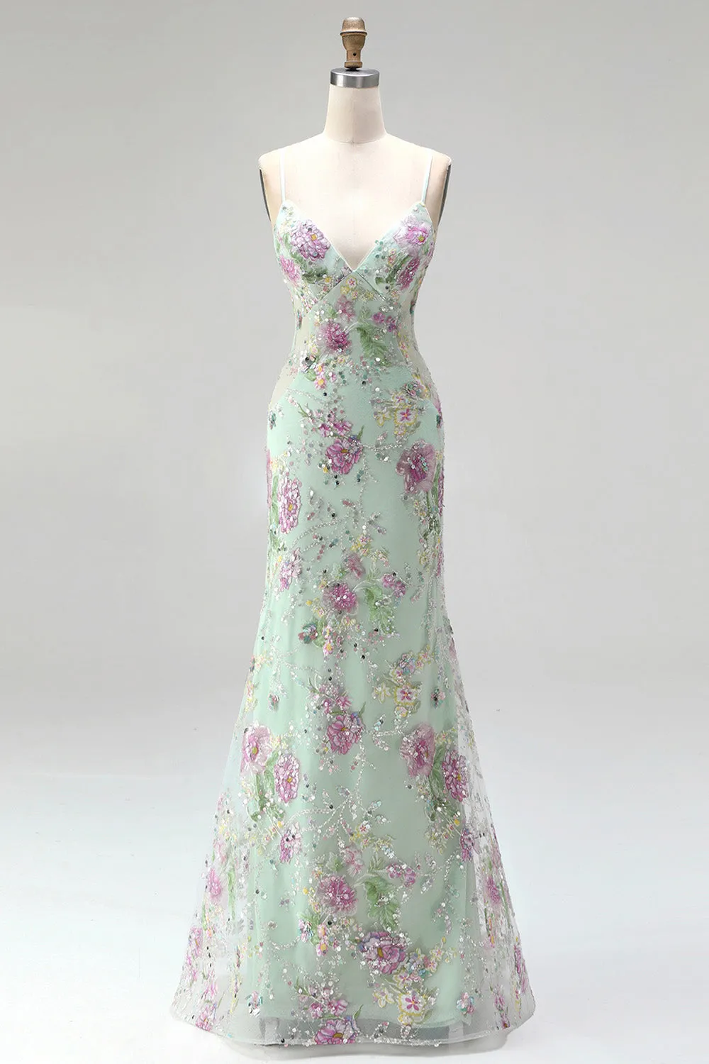 Sparkly Light Green Mermaid Spaghetti Straps Sequins Long Prom Dress with Appliques sold by Zapaka