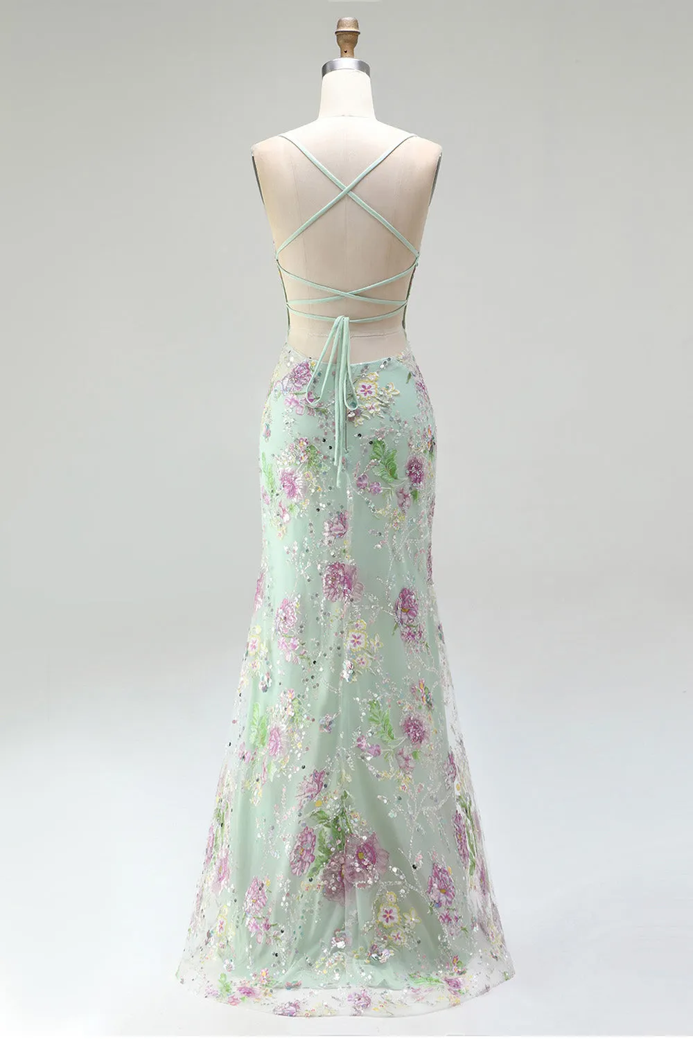 Sparkly Light Green Mermaid Spaghetti Straps Sequins Long Prom Dress with Appliques sold by Zapaka product image thumbnail 2