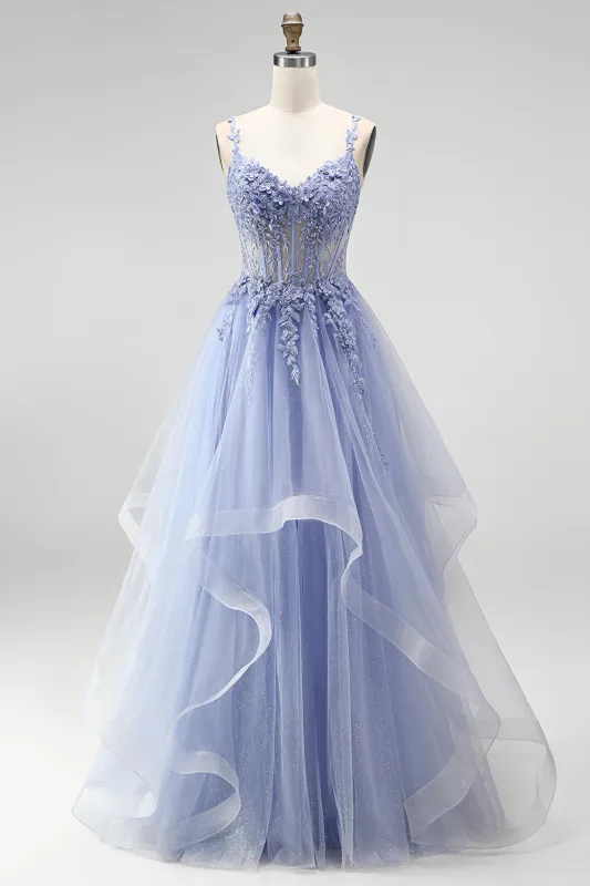 Dusty Blue A-Line Sheer Corset Sequins Long Prom Dress with Floral Embroidery made by Zapaka