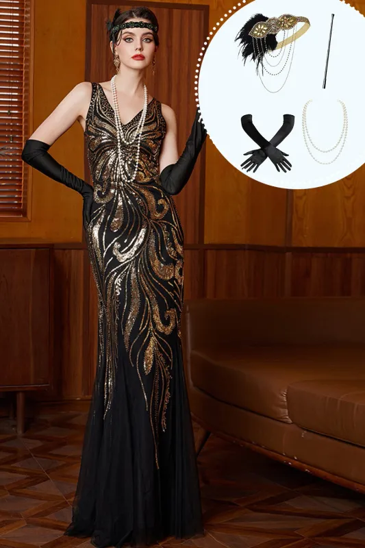 Black Golden V-Neck Sequins Mermaid Tulle Long 1920s Dress With 4-Piece Accessories Set made by Zapaka
