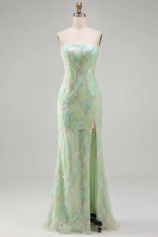 Sparkly Mint Green Strapless Mermaid Beaded Sequins Long Prom Dress with Slit made by Zapaka
