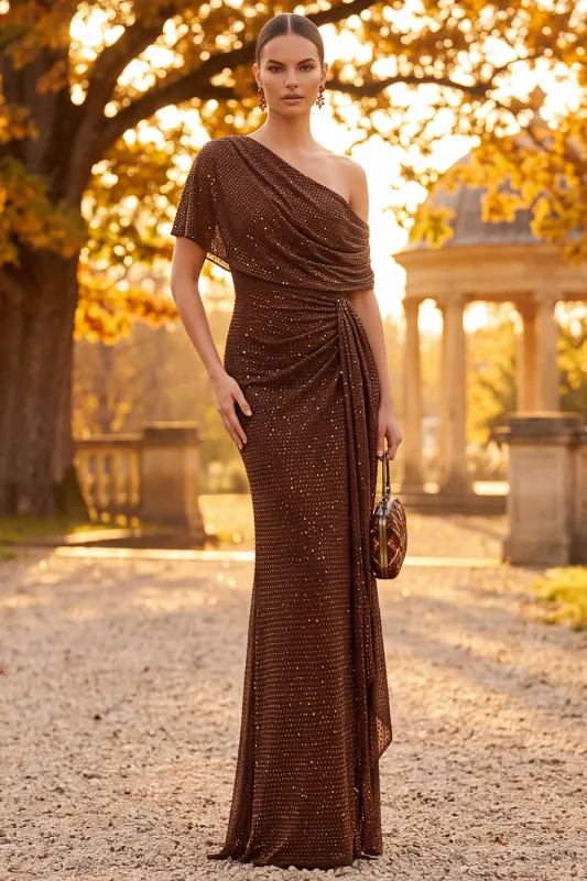 Coffee Sparkly Sheath One Shoulder Ruched Maxi Dress made by Zapaka