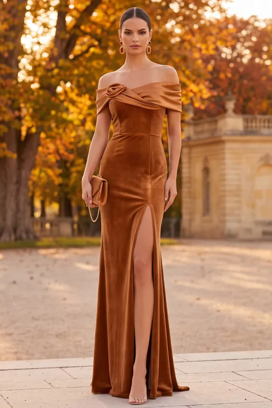 Brown Sheath Off the Shoulder Velvet Dress with Slit made by Zapaka