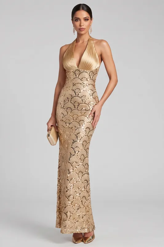 Golden Mermaid Halter Backless Long Evening Dress with Sequins made by Zapaka