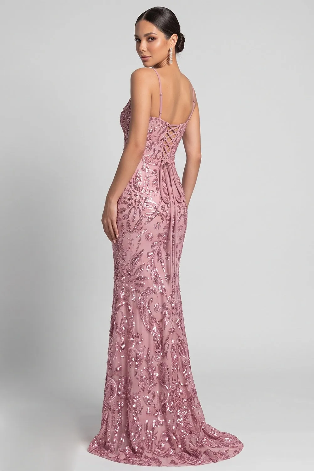 Sparkly Mermaid Spaghetti Straps Sequins Pink Evening Dress with Lace Up Back sold by Zapaka product image thumbnail 2