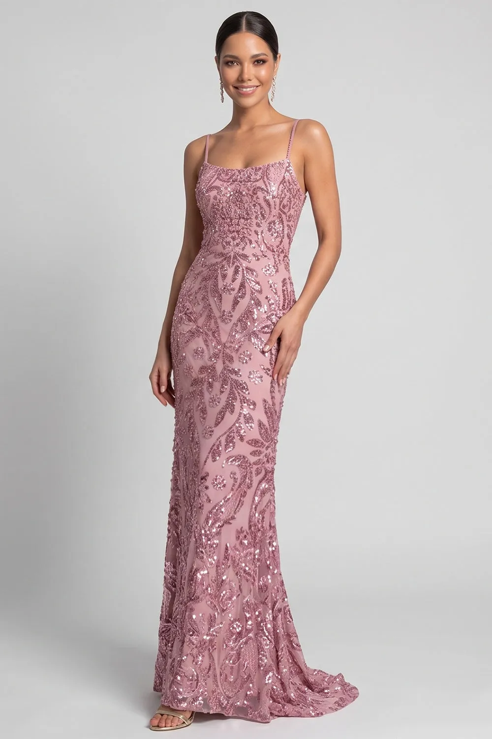 Sparkly Mermaid Spaghetti Straps Sequins Pink Evening Dress with Lace Up Back sold by Zapaka