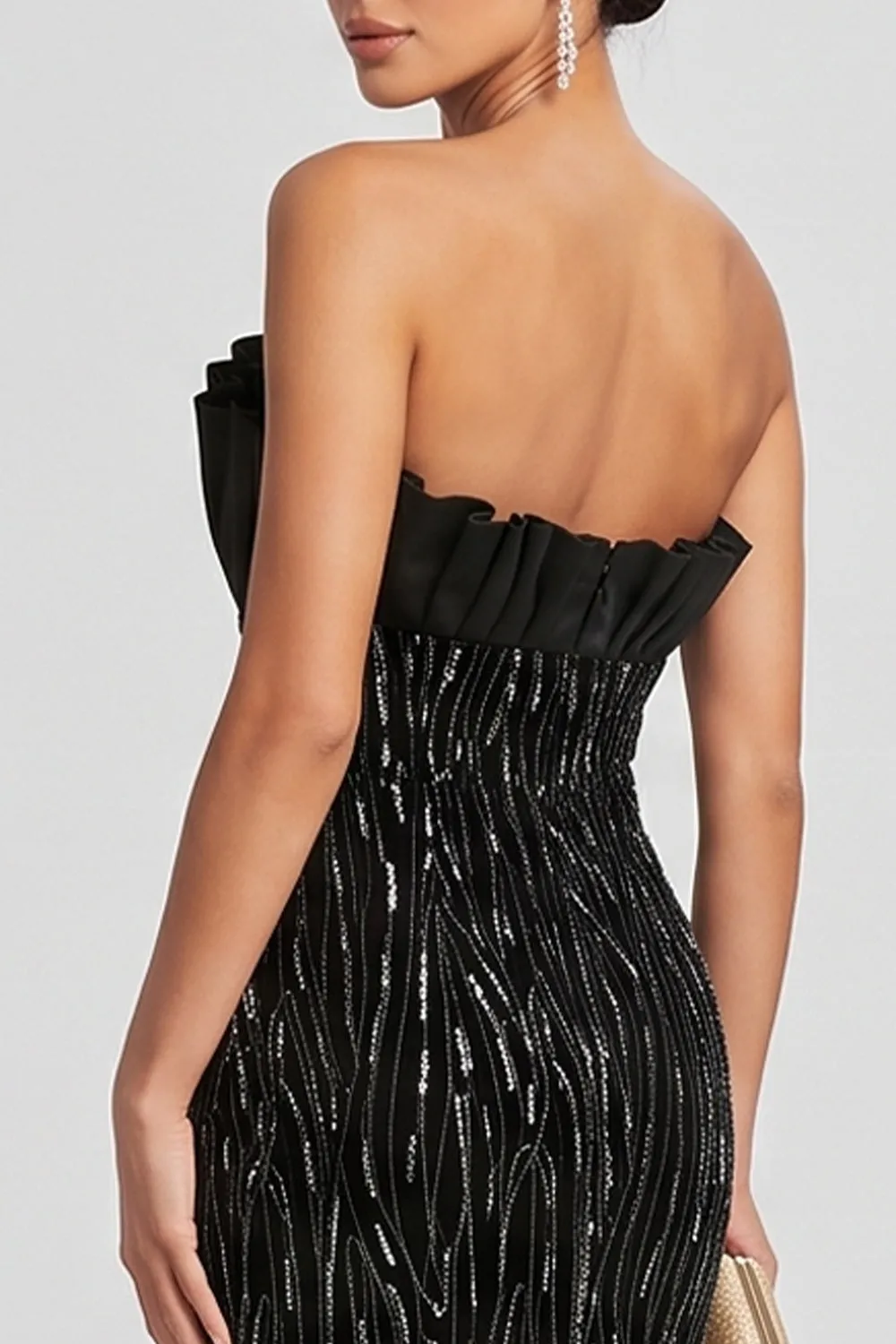 Black Mermaid Strapless Pleated Sequins Satin Evening Dress sold by Zapaka product image thumbnail 4