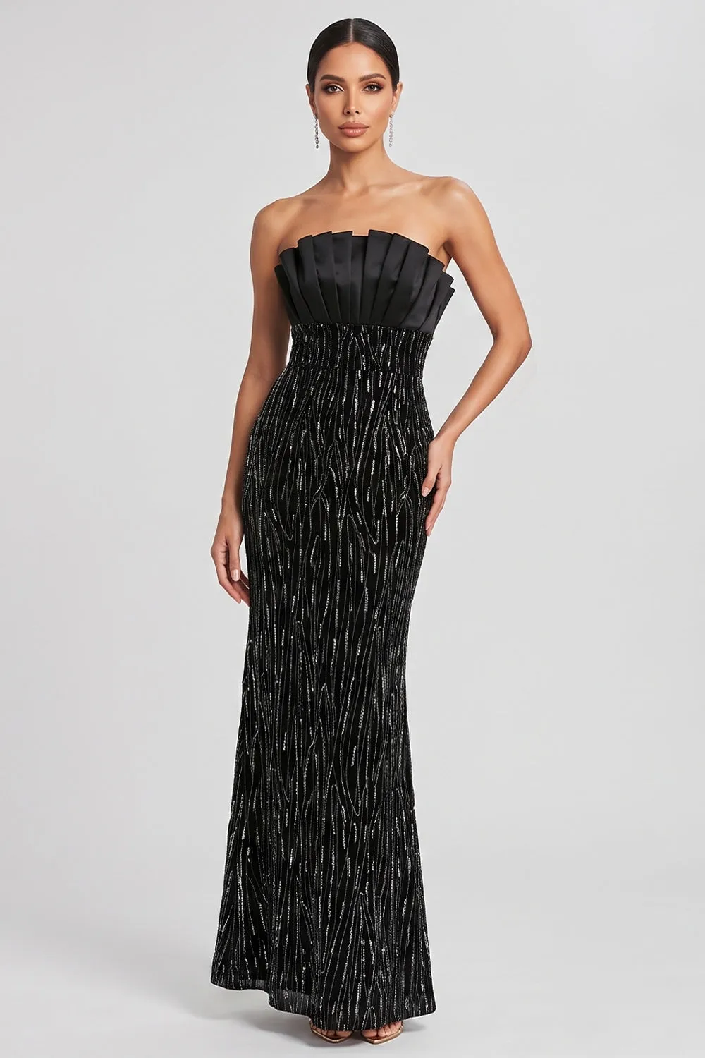 Black Mermaid Strapless Pleated Sequins Satin Evening Dress sold by Zapaka