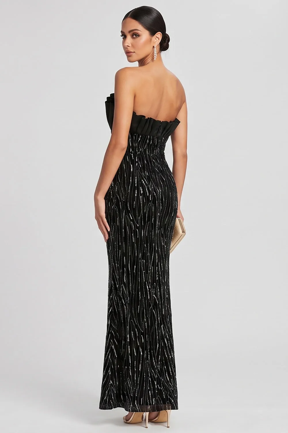 Black Mermaid Strapless Pleated Sequins Satin Evening Dress sold by Zapaka product image thumbnail 2