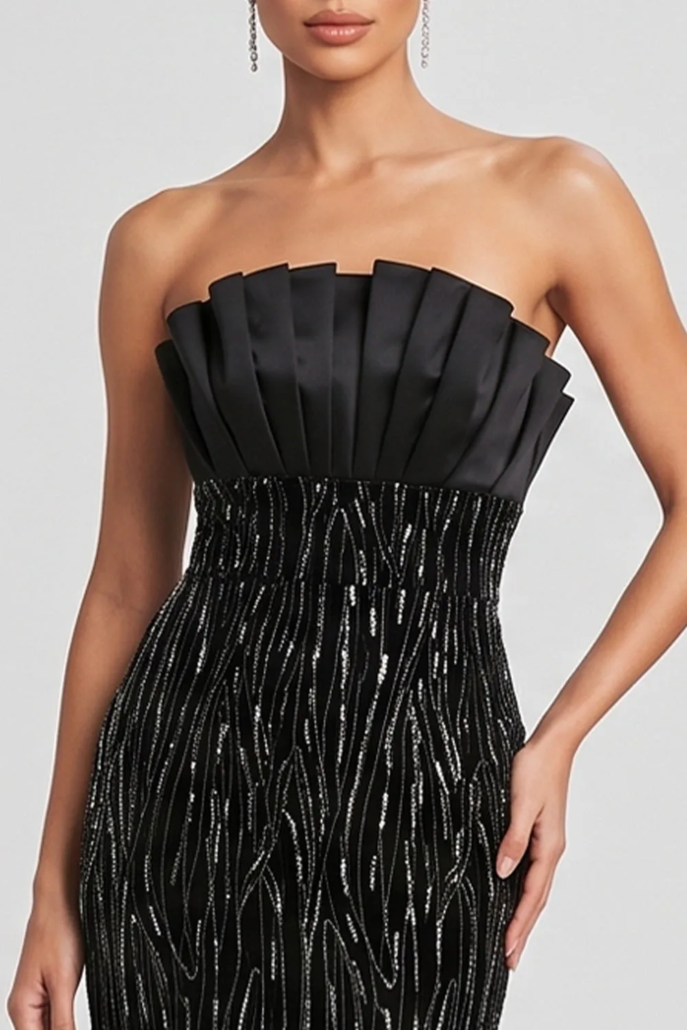 Black Mermaid Strapless Pleated Sequins Satin Evening Dress sold by Zapaka product image thumbnail 3
