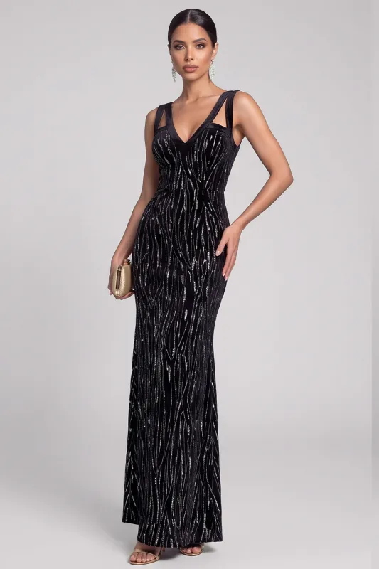 Black Mermaid Cut Out V-Neck Velvet Sequins Long Evening Dress made by Zapaka