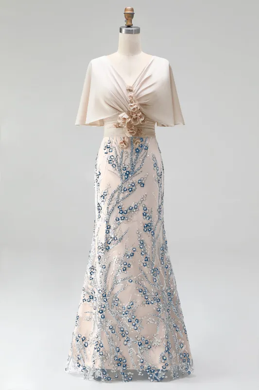 Sparkly Champagne Mermaid Sequins Long Mother Of the Bride Dress with 3D Appliques made by Zapaka