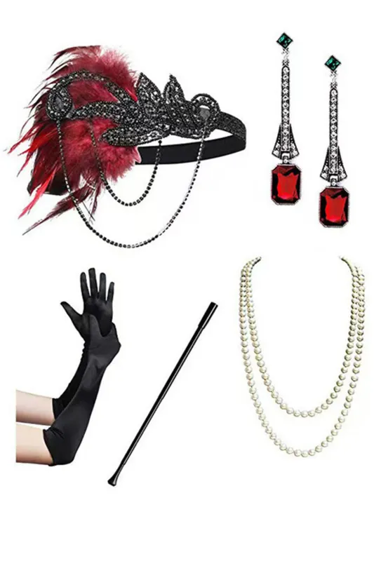 Black Red 1920s Party Accessories 5 Pieces Sets made by Zapaka