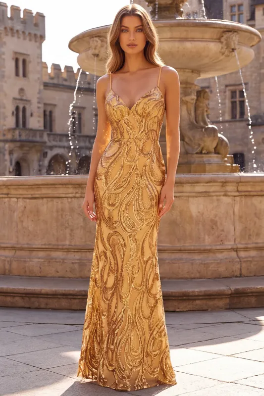Sparkly Mermaid Spaghetti Straps Sequins Long Gold Prom Dress made by Zapaka