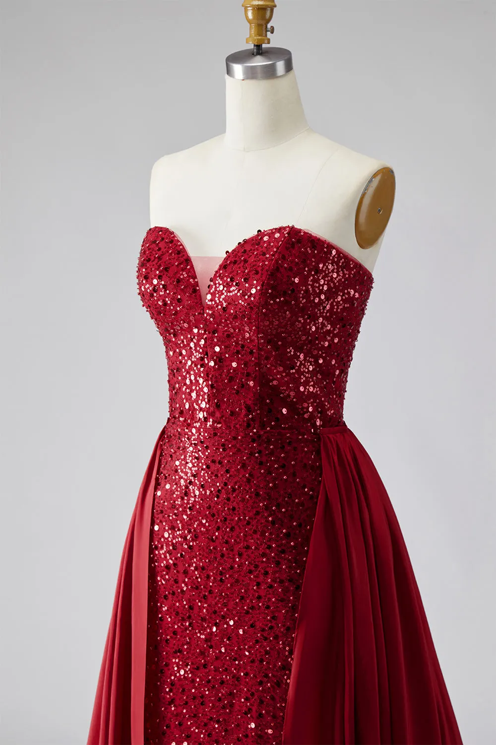 Dark Red Sequins Strapless Satin Pearls Sheath Long Pageant Dress with Draping sold by Zapaka product image thumbnail 5