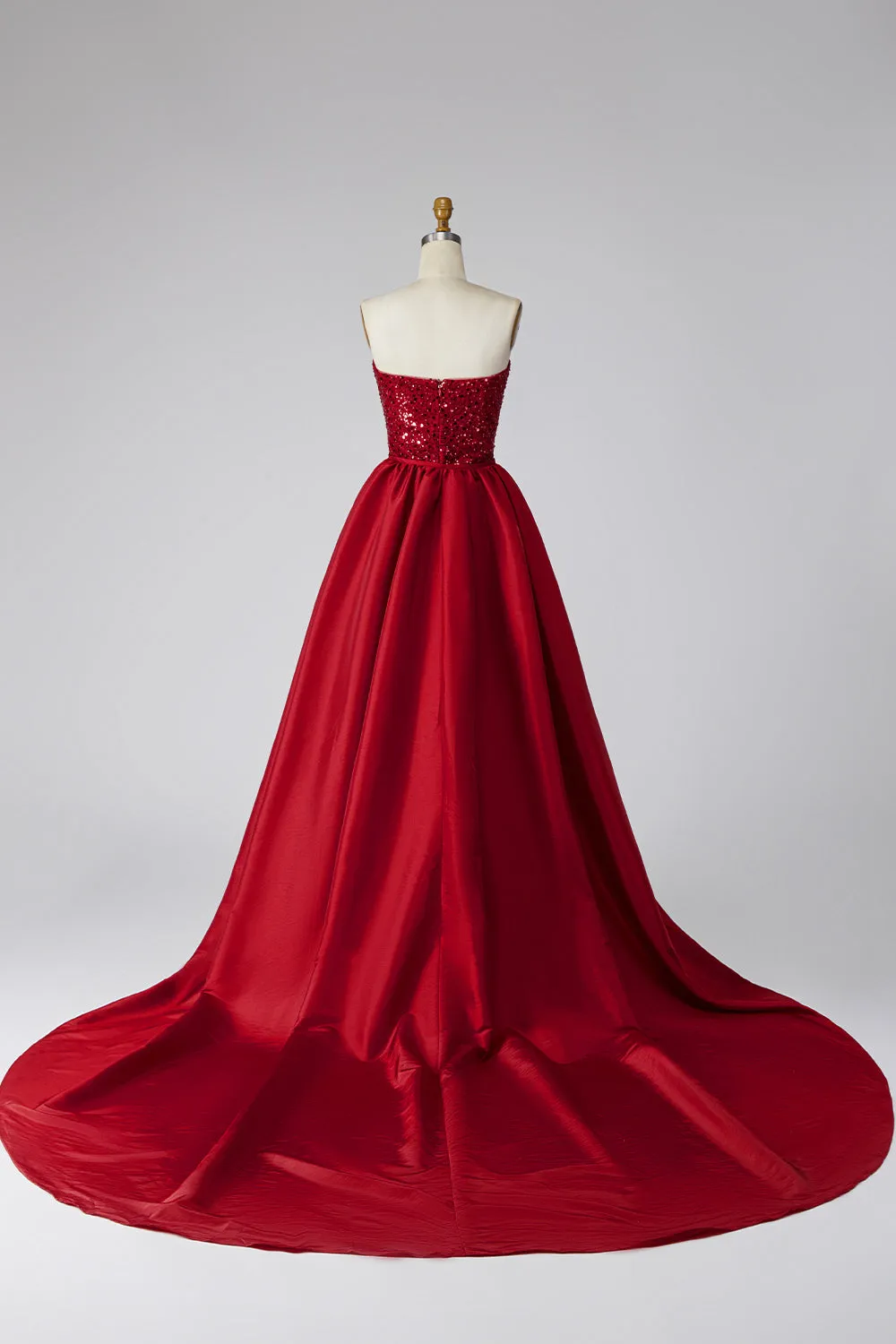 Dark Red Sequins Strapless Satin Pearls Sheath Long Pageant Dress with Draping sold by Zapaka product image thumbnail 2