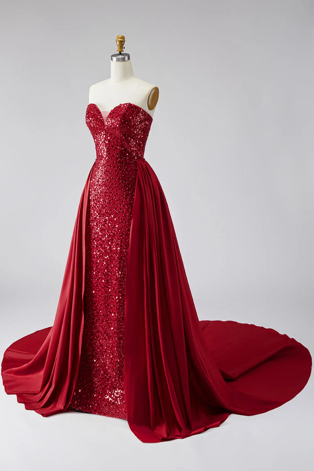 Dark Red Sequins Strapless Satin Pearls Sheath Long Pageant Dress with Draping sold by Zapaka product image thumbnail 3